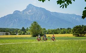 Three cyclists on a path through green meadows near Salzburg with the dramatic Untersberg mountain in the background under blue sky.