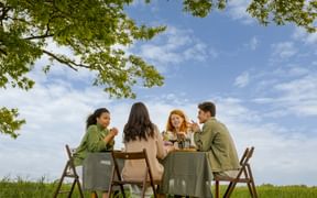 Vier Freunde sitzen an einem Tisch im Freien auf einer grünen Wiese unter einem Baum und genießen gemeinsam eine Sommermahlzeit unter blauem Himmel.