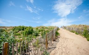 Sandy path leading through coastal dunes in Blankenberge, Flanders. Wooden fences line the path, with beach grass and vegetation on both sides.