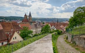 Blick auf Esslinger Altstadt vom Weinbergweg, mit mittelalterlicher Kirche mit Zwillingstürmen, roten Ziegeldächern und Kopfsteinpflasterweg.