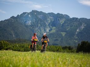 Radfahrer vor Bergpanorama auf der Sternfahrt Alpe Adria