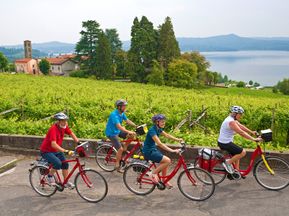 Cyclists with a view of Lake Viverone
