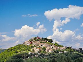 Blick auf die auf einen Hügel gelegende Stadt Motovun