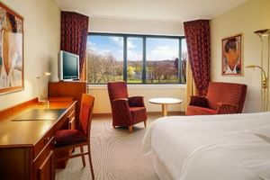 Modern hotel room at Sheraton Essen with double bed, red armchairs, wooden desk, TV, and large window overlooking green parkland.