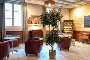 Gemütliche Weinbar mit braunen Ledersesseln, Weinregal, Steinwänden und Zierpflanze im Le Grand Monarque in Azay-le-Rideau.