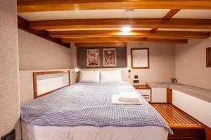 Modernes Kabineninterieur der MS Boreas mit Doppelbett mit blau karierter Bettwäsche, Holzdeckenbalken und nautischen Kunstwerken an den Wänden.