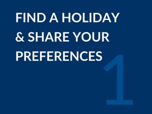 Dark blue graphic with white text reading 'Find a holiday & share your preferences' and a stylized pencil icon in the lower right corner.