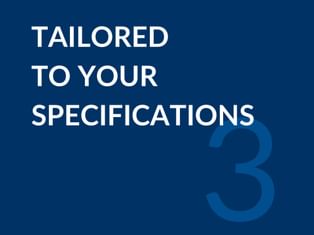 Dark blue background with white text reading 'Tailored to your specifications' and a large number 3 in lighter blue on the right side.