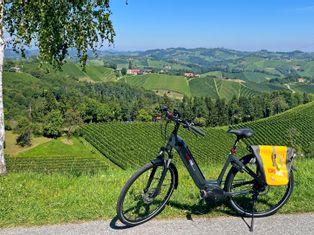 Panoramablick über die Weinberge von Gamlitz, mit E-Bike im Vordergrund