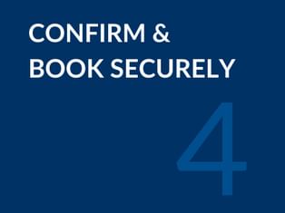Dark blue graphic with white text reading 'CONFIRM & BOOK SECURELY' and a large number 4 in the bottom right corner.
