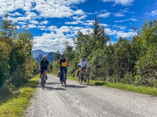 Three cyclists riding on a gravel path along the Salzach cycle route near Rif, surrounded by green trees with mountains in the background.