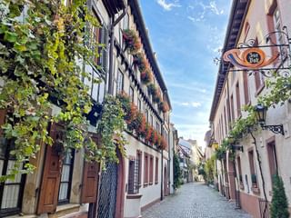 Kopfsteinpflastergasse in Neustadt, Pfalz, gesäumt von Fachwerkhäusern, die mit Blumen und Weinreben geschmückt sind, unter blauem Himmel.