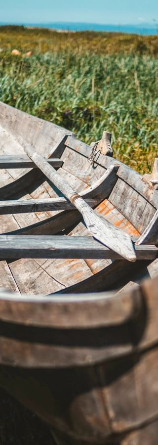 Verwittertes Holzfischerboot mit sichtbaren Rippen auf Küstengrasland. Grünes Schilf und blauer Himmel im Hintergrund sichtbar.
