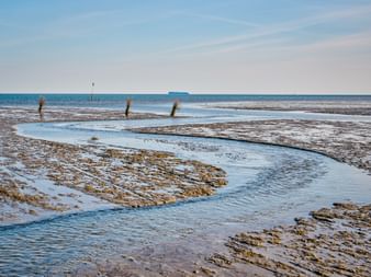 Wattenmeer bei Ebbe in Cuxhaven mit Wasserrinnen, Holzpfählen und einem Frachtschiff am Horizont unter blauem Himmel.