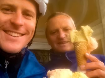 Cyclists eating ice cream in Mori