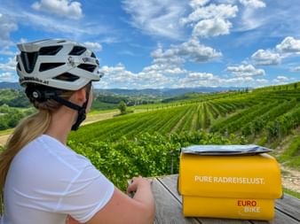Radfahrerin mit weißem Helm betrachtet Weinberge in Collio, Friaul. Gelbe Eurobike-Tasche auf Holzbank, blauer Himmel mit weißen Wolken.