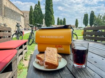 Gegrilltes Toast-Sandwich und rotes Getränk auf Holztisch mit Eurobike-Tasche. Fahrräder und Zypressen im Hintergrund in Aquileia.