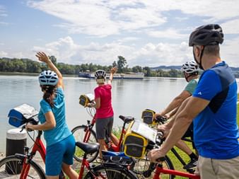 Three cyclists with helmets and bikes waving at a cruise ship on the Danube River. Green riverbank and blue sky with clouds visible.