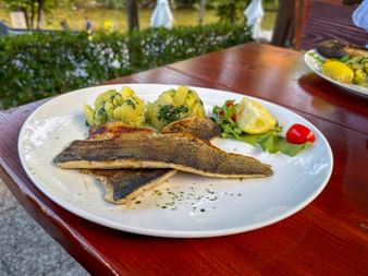 Grilled trout fillets with herb-seasoned potatoes, lemon, and salad on a white plate at an outdoor restaurant in Podhom.