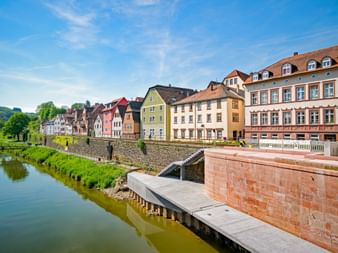 Reihe bunter historischer Gebäude am Mainufer in Wertheim mit steinerner Promenade und grüner Vegetation unter blauem Himmel.