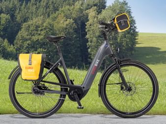 Black Eurobike rental e-bike with yellow panniers and handlebar bag, parked on roadside with green meadow and forest in background.