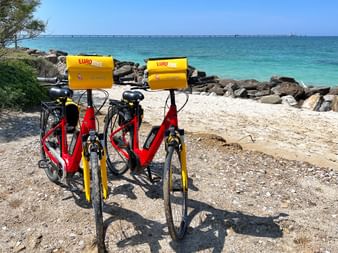 Two Eurobike bikes standing on the beach in Tuscany with a view of the blue sea