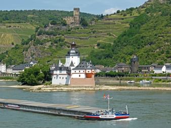 Ferryboat on the Rhine with a view of the Pfalzgrafenstein