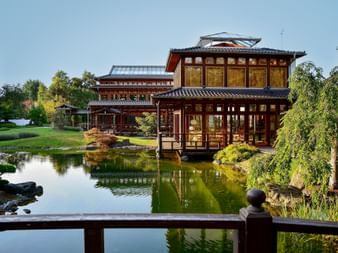Traditional Japanese-style wooden pavilion with dark red columns beside a tranquil pond in Bad Langensalza's Japanese Garden.