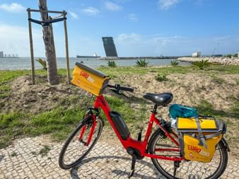 Red Eurobike rental bike with yellow VAUDE saddlebags
