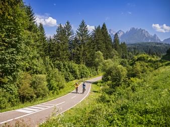 Zwei Radfahrer auf einem asphaltierten Radweg in Tarvis, umgeben von grünen Wiesen und Wäldern, mit Berggipfeln in der Ferne unter blauem Himmel.