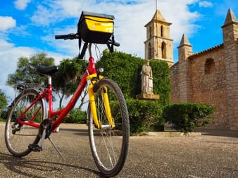 Eurobike bike in front of the Son Negre church