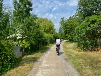 Radfahrer auf dem von Bäumen gesäumten Canal du Midi Radweg in Südfrankreich unter blauem Himmel mit weißen Wolken.