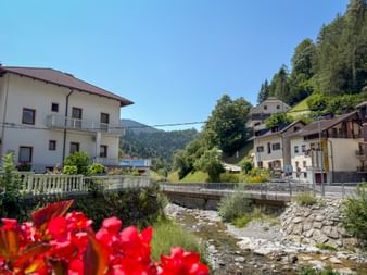 Alpine village of Podbrdo with white houses along a mountain stream. Red flowers in foreground, forested hills and blue sky in background.