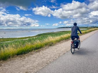 Cyclist with panniers riding along coastal road beside North Sea with grassy marshland, blue sky with white clouds in background.