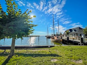 Scenic harbor view in Althagen with traditional sailing boats moored at wooden pier, green lawn in foreground, blue sky with white clouds.