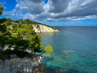 White limestone cliffs at Punta Capo Bianco on Elba island with green pine trees and turquoise Mediterranean Sea under dramatic cloudy sky.