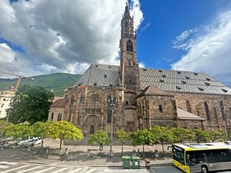 Square with church in the city center of Bolzano in South Tyrol.