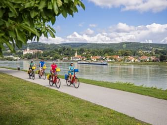 Gruppe von vier Radfahrern auf Uferweg entlang der Donau bei Engelhartszell, mit Frachtschiff, Dorf und grünen Hügeln im Hintergrund.