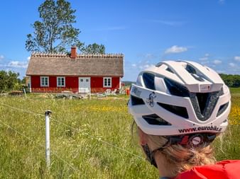Typisches Haus in Särdal mit Radfahrerin