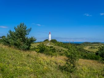 White lighthouse with red top on Hiddensee island surrounded by green rolling hills and meadows under blue sky with Baltic Sea visible.