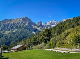Grüne Almwiese mit Holzhütte unter den zerklüfteten Gipfeln der Brenta-Dolomiten. Dichter Wald bedeckt die Hänge unter blauem Himmel.