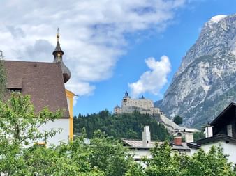 View of Hohenwerfen Castle with the Tennen Mountains in the background