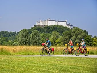 Drei Radfahrer auf einem Weg durch grüne Wiesen mit der Festung Hohensalzburg auf einem bewaldeten Hügel im Hintergrund unter blauem Himmel.