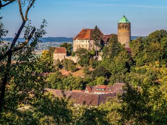 Colmberg Castle on a hilltop surrounded by trees, featuring a stone tower with green roof and historic buildings with red-tiled roofs.