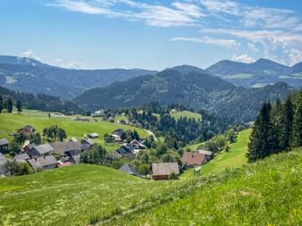 Soriska Planina village nestled in green meadows with traditional houses, surrounded by forested mountains under blue sky with clouds.