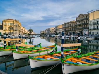 Traditionelle Ruderboote mit grünem und orangem Rand im Kanal von Sète, mit historischen Gebäuden im ruhigen Wasser gespiegelt.