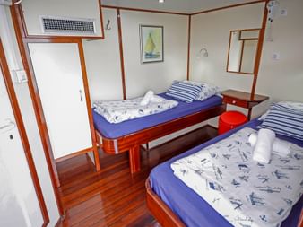 Doppelkabine auf der MS Macek mit zwei Einzelbetten, blauer Bettwäsche mit Segelbootmuster, Holzboden, Kleiderschrank und maritimer Wanddekoration.