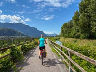 Female cyclist in turquoise shirt riding along Etsch cycle path near Auer with mountains, vineyards, canal, and wooden fence under blue sky.