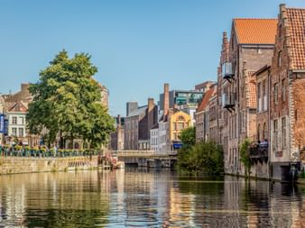 Historische Gebäude mit roten Ziegeldächern säumen die Leie in Gent. Eine Steinbrücke überquert den Kanal, mit einem großen Baum am Ufer.
