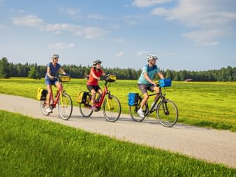 Three cyclists with panniers riding on paved path through green meadows near Ostersee nature reserve, forest in background under blue sky.